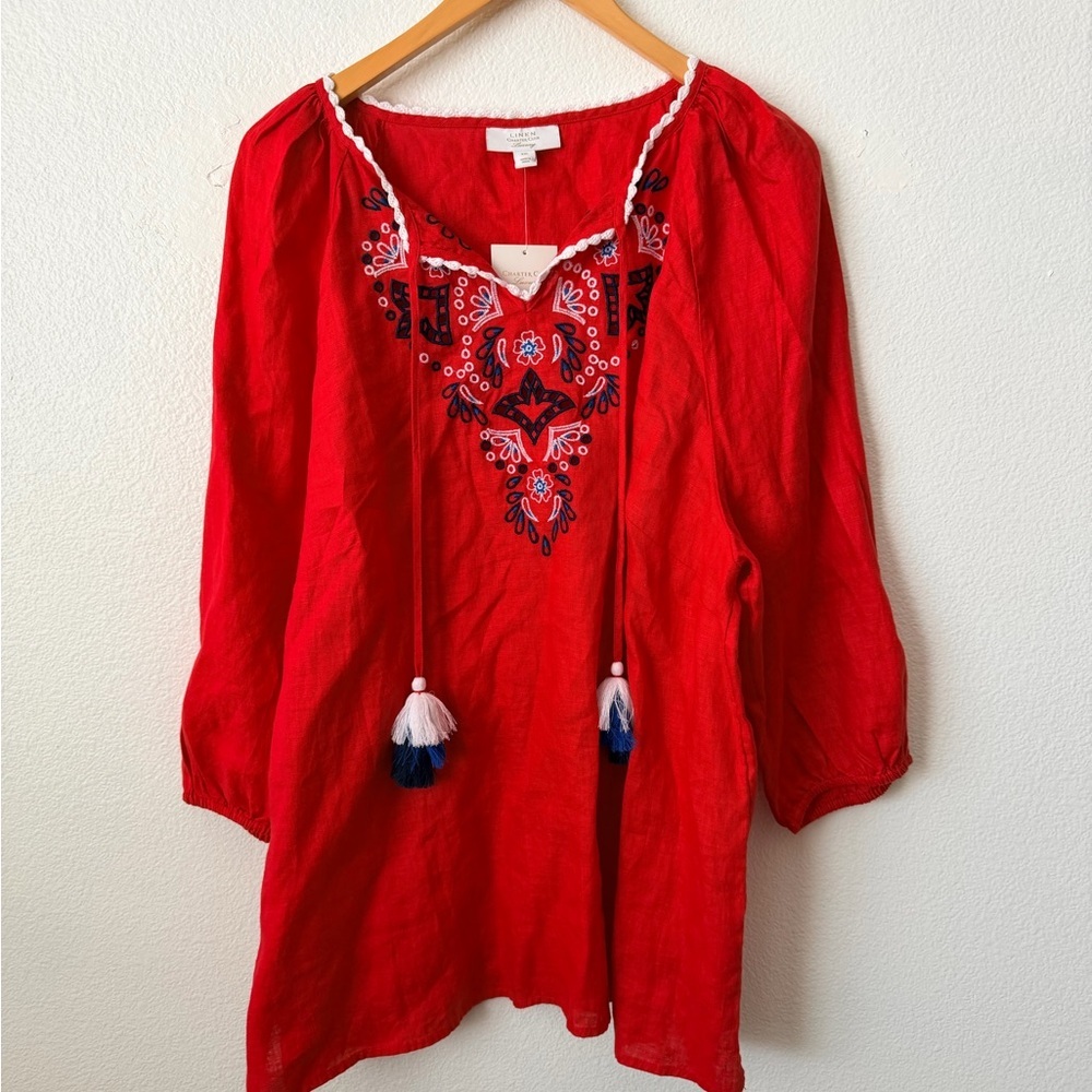 Charter Club Women's Linen Embroidered 3/4-Sleeve Top Sz XXL Red Coastal - Picture 2 of 10